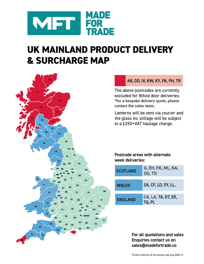 MFT Product Delivery & Surcharge map: A visual guide showing the locations and charges for delivering MFT products.