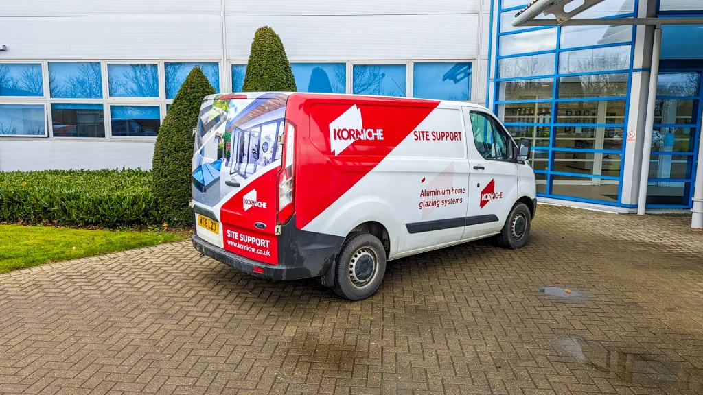 Rear of the Made for Trade Korniche site support van showcasing "Korniche Site Support" lettering.