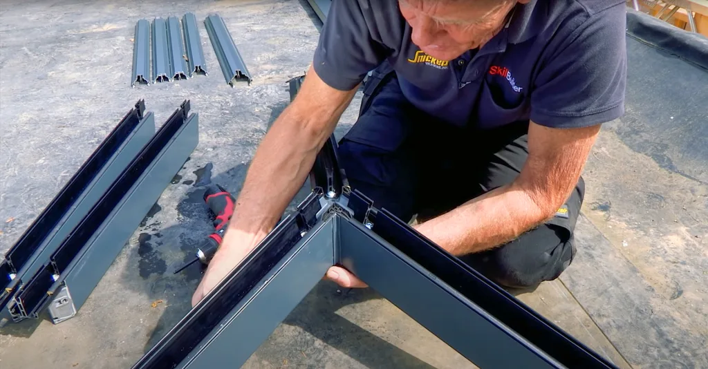 Roger Bisby building the Spider Frame of the Korniche Roof Lantern on a roof