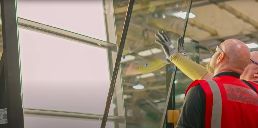 Close-up photo of two Made for Trade glass inspectors carefully examining a large sheet of glass for a Korniche bi-fold door. Inspectors wear gloves and use specialised tools to check for clarity, scratches, and imperfections.