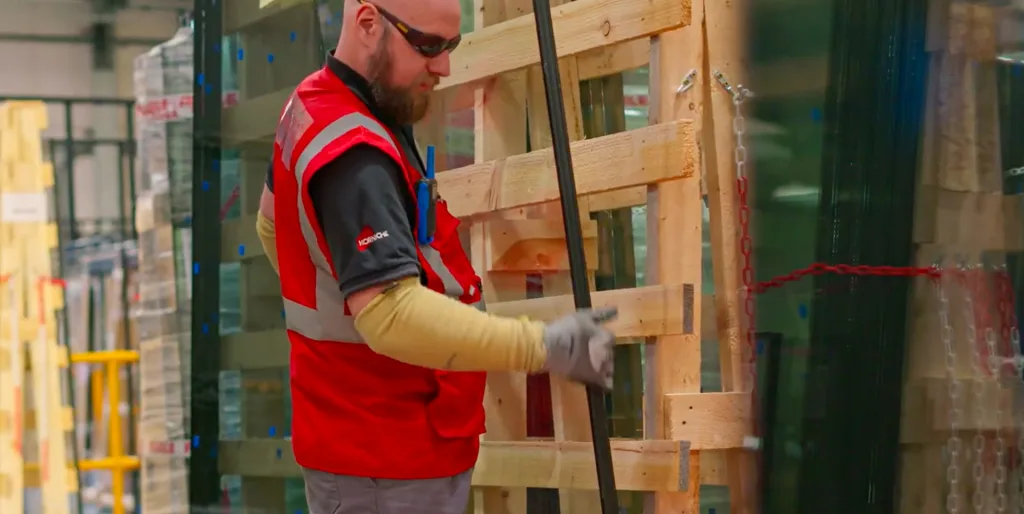 Made for Trade quality control: A team member meticulously inspects a pane of Korniche glass.