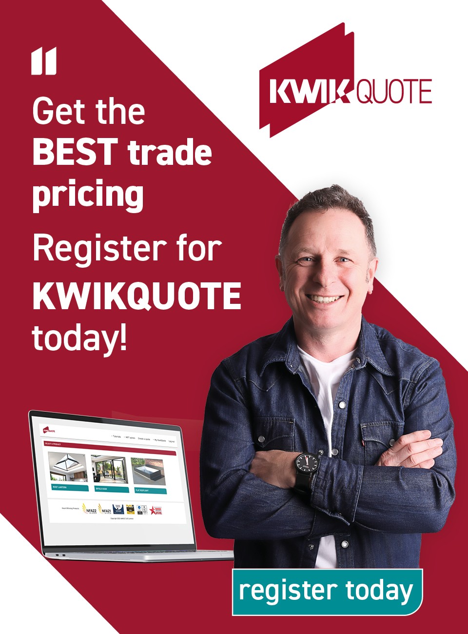 Open laptop displaying the Kwikquote wholesale pricing system. Register today to unlock exclusive discounts.
