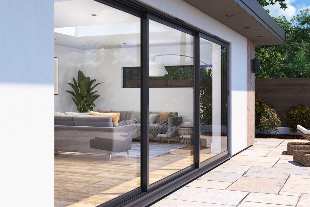 Cortizo 4700 Sliding Door with Korniche Technology, showcasing a modern exterior with a 3-sash sliding patio door.