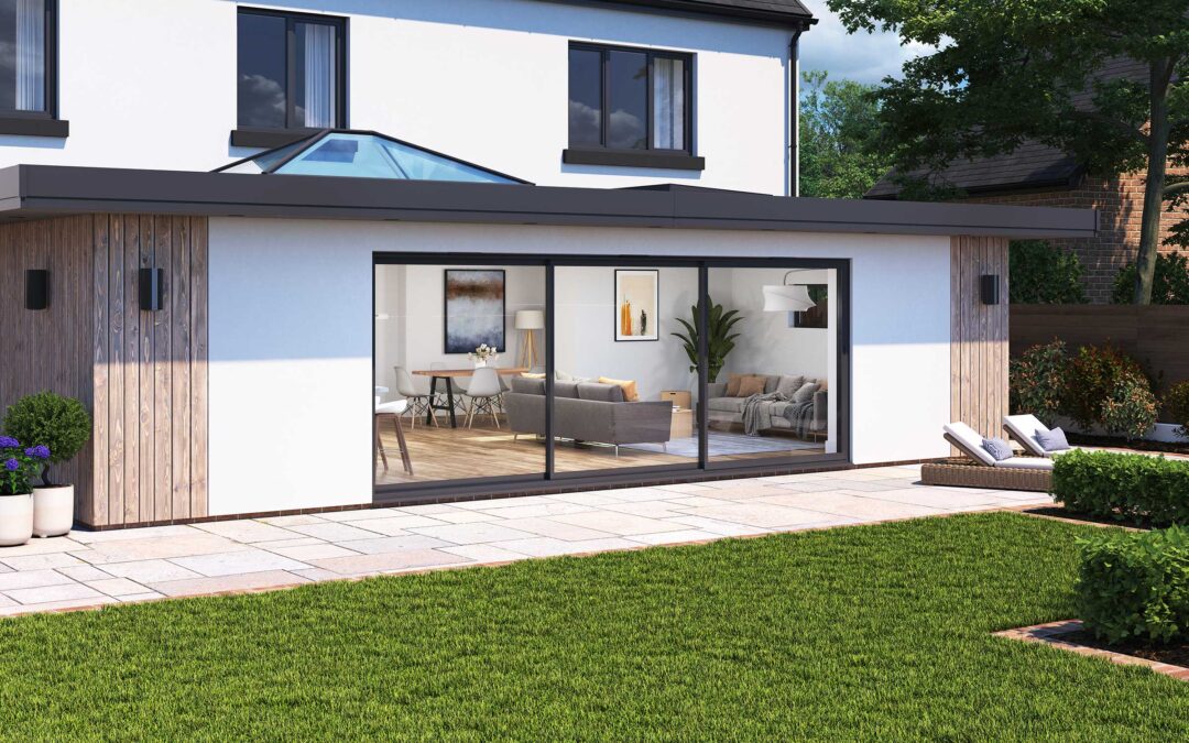 Cortizo 4700 Sliding Door with Korniche Technology, showcasing a modern home with a spacious patio and lush green lawn.