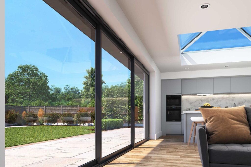 Cortizo 4700 Sliding Door with Korniche Technology, featuring a Korniche roof lantern and a modern interior.