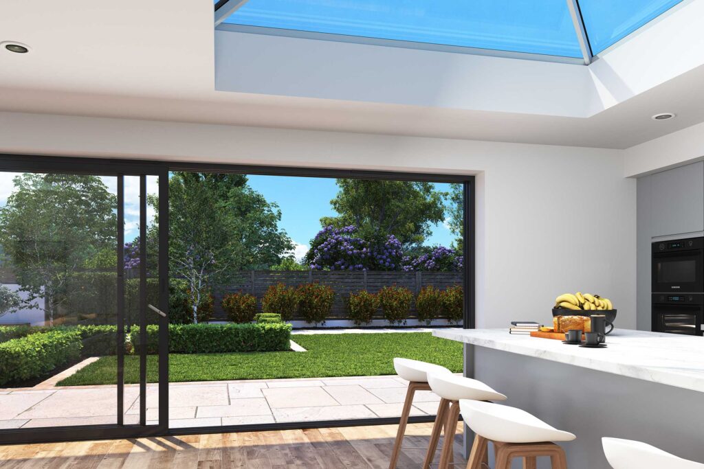 Cortizo 4700 Sliding Door with Korniche Technology, showcasing an open 3-sash patio door with a Korniche Roof Lantern and a view of a beautiful patio.