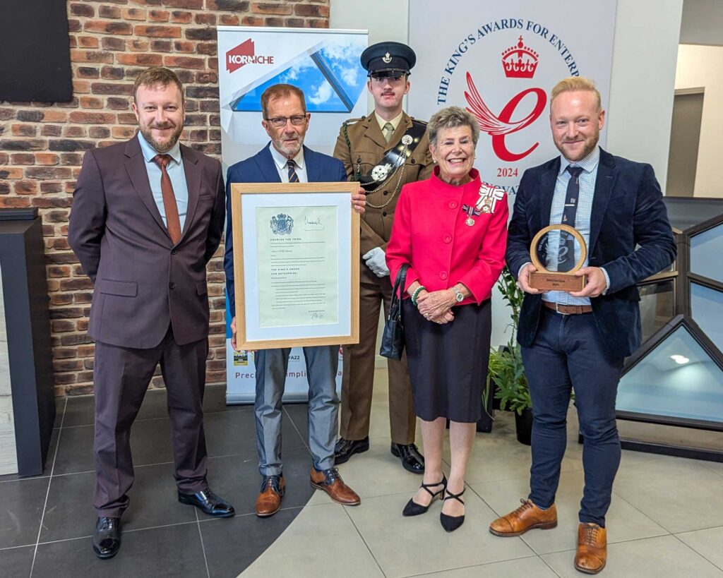 Ashley Gaunt, Technical Director, Richard Gaunt, Founder, His Majesty's Lord Lieutenant of County Durham, Mrs Sue Snowdon, and Bradley Gaunt, Managing Director, celebrating the King's Award for Enterprise.