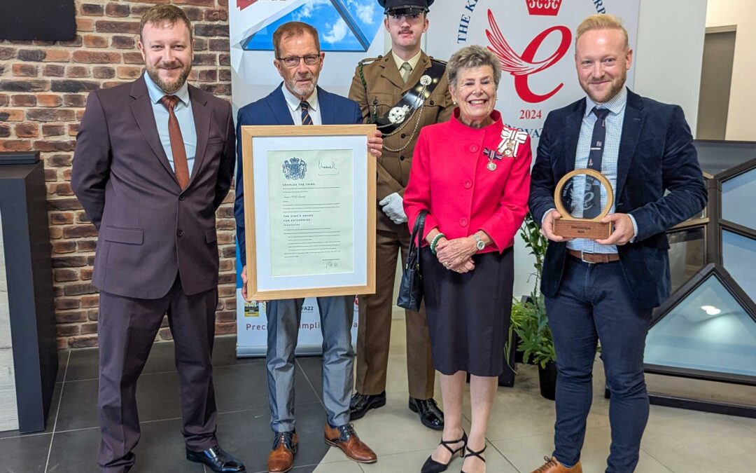 Ashley Gaunt, Technical Director, Richard Gaunt, Founder, His Majesty's Lord Lieutenant of County Durham, Mrs Sue Snowdon, and Bradley Gaunt, Managing Director, celebrating the King's Award for Enterprise.